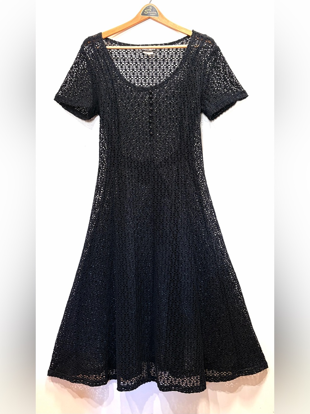 Vintage- 🖤 Mayvens of California- Black Crochet Lace Short-Sleeve A-Line Dress
